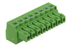 Łączówka; EC381V-08P; 8 torów; R=3,81mm; 11,1mm; 8A; 300V; na panel; kątowe 90°; otwór kwadratowy; śruba prosta; śrubowy; pionowy; 0,2÷1,5mm2; zielony; Dinkle; RoHS
