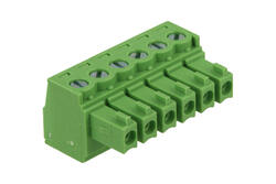 Łączówka; EC381V-06P; 6 torów; R=3,81mm; 11,1mm; 8A; 300V; na panel; kątowe 90°; otwór kwadratowy; śruba prosta; śrubowy; pionowy; 0,2÷1,5mm2; zielony; Dinkle; RoHS