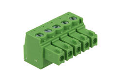 Terminal block; EC381V-05P; 5 ways; R=3,81mm; 11,1mm; 8A; 300V; for panel; angled 90°; square hole; slot screw; screw; vertical; 0,2÷1,5mm2; green; Dinkle; RoHS