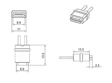 Gniazdo; USB C; 013805; czarny; z przewodem 0,08m; poziome