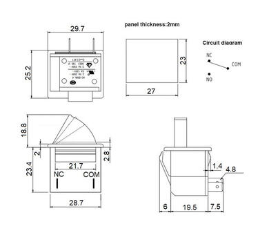 Przełącznik; drzwiowy; przyciskowy; HC-050K5; ON-(OFF); biały; bez podświetlenia; konektory 4,8x0,8mm; 2 pozycje; 2,5A; 250V AC; 23x27mm; 24,2mm