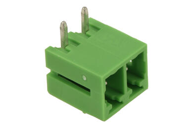 Terminal block; ECH381R-02P; 2 ways; R=3,81mm; 7,2mm; 8A; 300V; for panel; angled 90°; closed; solder; green; Dinkle; RoHS