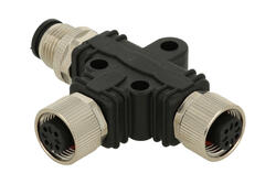 T adapter 1 plug / 2 sockets; KLS15-M12A-Y7-04; M12-4p; 3 ways; straight; angled 90°; black; IP67; 4A; 250V; KLS; RoHS