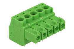 Terminal block; AK1550/5-3.5; 5 ways; R=3,50mm; 15,5mm; 8A; 300V; for cable; angled 90°; square hole; slot screw; screw; vertical; 1,5mm2; green; PTR Messtechnik; RoHS