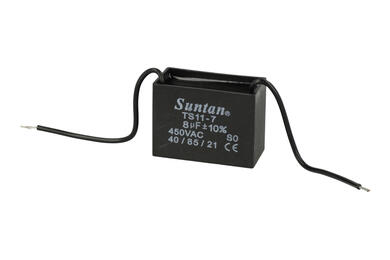 Kondensator; silnikowy (rozruchowy); TS11-7 450VAC 8uF; 8uF; 450V AC; 23x35x47mm; z przewodami; Suntan; RoHS