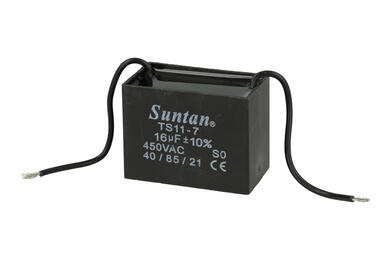 Kondensator; silnikowy (rozruchowy); TS11-7 450VAC 16uF; 16uF; 450V AC; 33x44x58,5mm; z przewodami; Suntan; RoHS