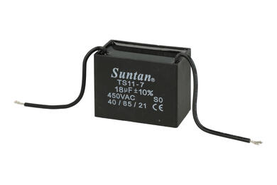 Kondensator; silnikowy (rozruchowy); TS11-7 450VAC 18uF; 18uF; 450V AC; 33x44x58,5mm; z przewodami; Suntan; RoHS