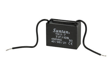 Kondensator; silnikowy (rozruchowy); TS11-7 450VAC 7uF; 7uF; 450V AC; 23x35x47mm; z przewodami; Suntan; RoHS