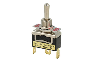 Przełącznik; dźwigniowy; T-13CS-M2; 3*1; (ON)-OFF-(ON); 1 tor; 3 pozycje; monostabilny; na panel; konektory 6,3x0,8mm; 15A; 250V AC; czarny; 27mm; Highly; RoHS