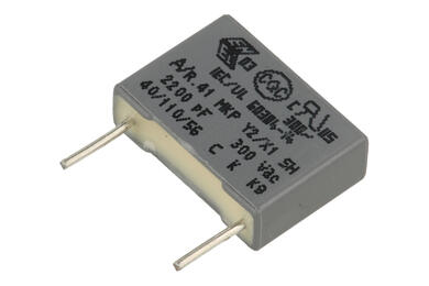Capacitor; Y2; X1; polypropylene; MKPY2; 2,2nF; 250V AC; R413F12200000M; 20%; 4x9x13mm; 10mm; bulk; -40...+110°C; Kemet; RoHS
