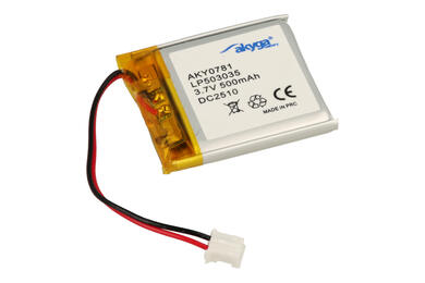Akumulator; Li-Po; LP503035; 3,7V; 500mAh; 5,0x30x35mm; Zabezpieczenie PCM; 2 piny; konektor; z przewodem; AKYGA; RoHS Akumulator; Li-Po; LP503035; 3,7V; 500mAh; 5,0x30x35mm; Zabezpieczenie PCM; 2 piny; konektor; z przewodem; AKYGA; RoHS