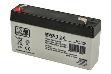 Akumulator; kwasowy bezobsługowy AGM; MWS 1,3-6; 6V; 1,3Ah; 98x25x51(56)mm; konektor 4,8 mm; MW POWER; 0,31kg; 3÷5 lat Akumulator; kwasowy bezobsługowy AGM; MWS 1,3-6; 6V; 1,3Ah; 98x25x51(56)mm; konektor 4,8 mm; MW POWER; 0,31kg; 3÷5 lat