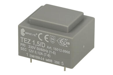 Transformer; for PCB; TEZ1.5/D 230/12V 16012-9968; 1,5VA; 230V; 12V; 0,12A; for PCB; Breve Transformer; for PCB; TEZ1.5/D 230/12V 16012-9968; 1,5VA; 230V; 12V; 0,12A; for PCB; Breve