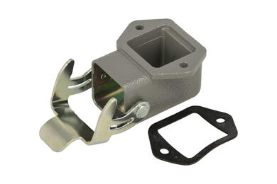 Connector housing; Han A; 09200030801; 3A; metal; angled 90°; for panel; with single locking lever; grey; IP65; Harting; RoHS