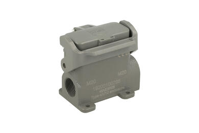 Connector housing; Han A; 19200100295; 10A; metal; straight; for panel; both sides cables entries; with cover; with single locking lever; entry for M20 cable gland; grey; IP65; Harting; RoHS
