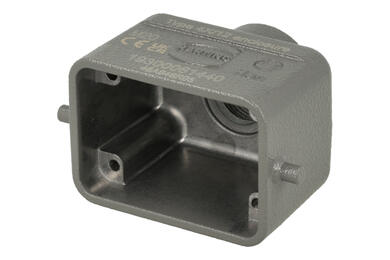 Connector housing; Han A; 19300061440; 6B; metal; straight; for cable; top single cable entry; for single locking lever; entry for M20 cable gland; grey; IP65; Harting; RoHS Connector housing; Han A; 19300061440; 6B; metal; straight; for cable; top single cable entry; for single locking lever; entry for M20 cable gland; grey; IP65; Harting; RoHS