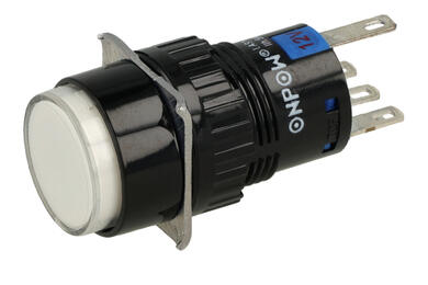 Switch; push button; LAS1-AY-11Z/W/12V; ON-ON; white; LED 12V backlight; white; solder; 2 positions; 5A; 250V AC; 16mm; 30mm; Onpow